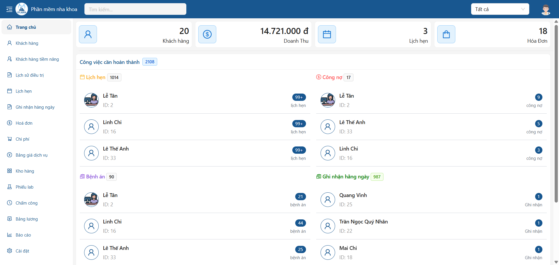 Screenshot hệ thống quản lý nha khoa